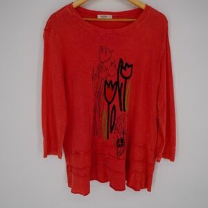 Jess & Jane Womens Tunic Top Sz L   Tulip Artsy Red Cotton Casual 3/4 Sleeve USA